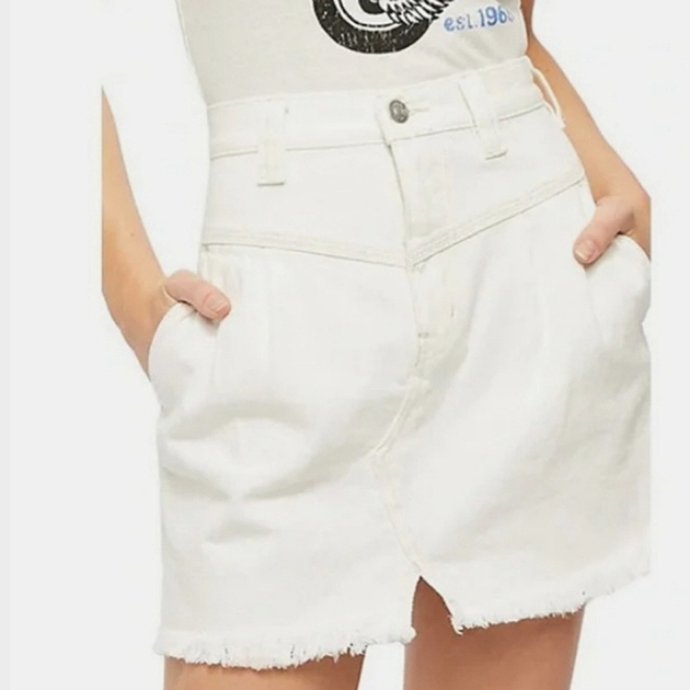 FREE PEOPLE Sidecar White Clay Denim Mini Skirt Pockets & Seamed Front D…
